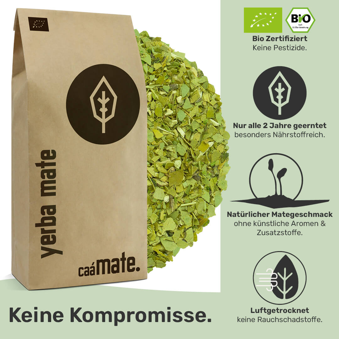 yerba mate tee bio zertifiziert nur alle zwei jahre geerntet ohne künstliche Aromen und Zusatzstoffen Luftgetrocknet